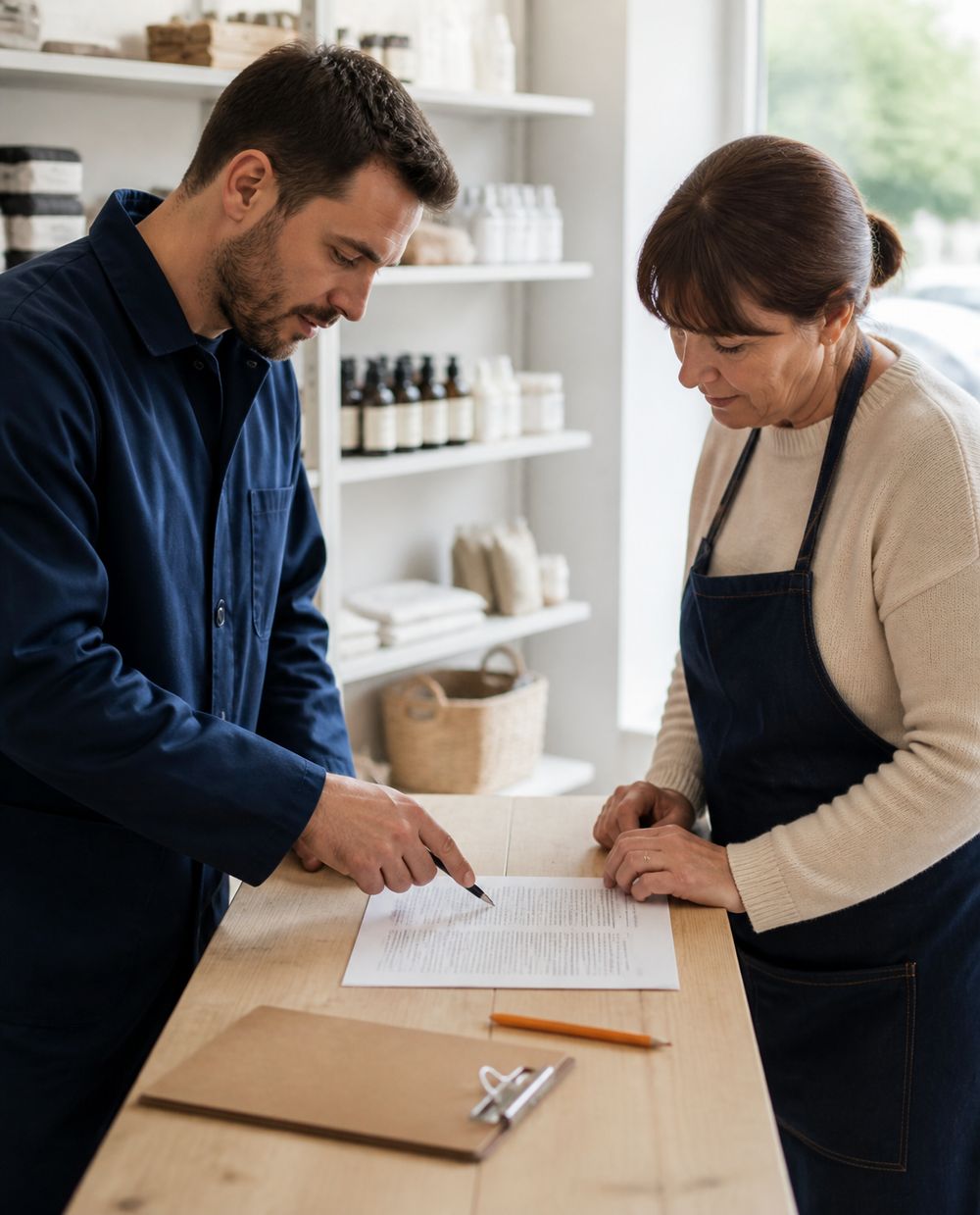 Artisan présentant un devis à une commerçante