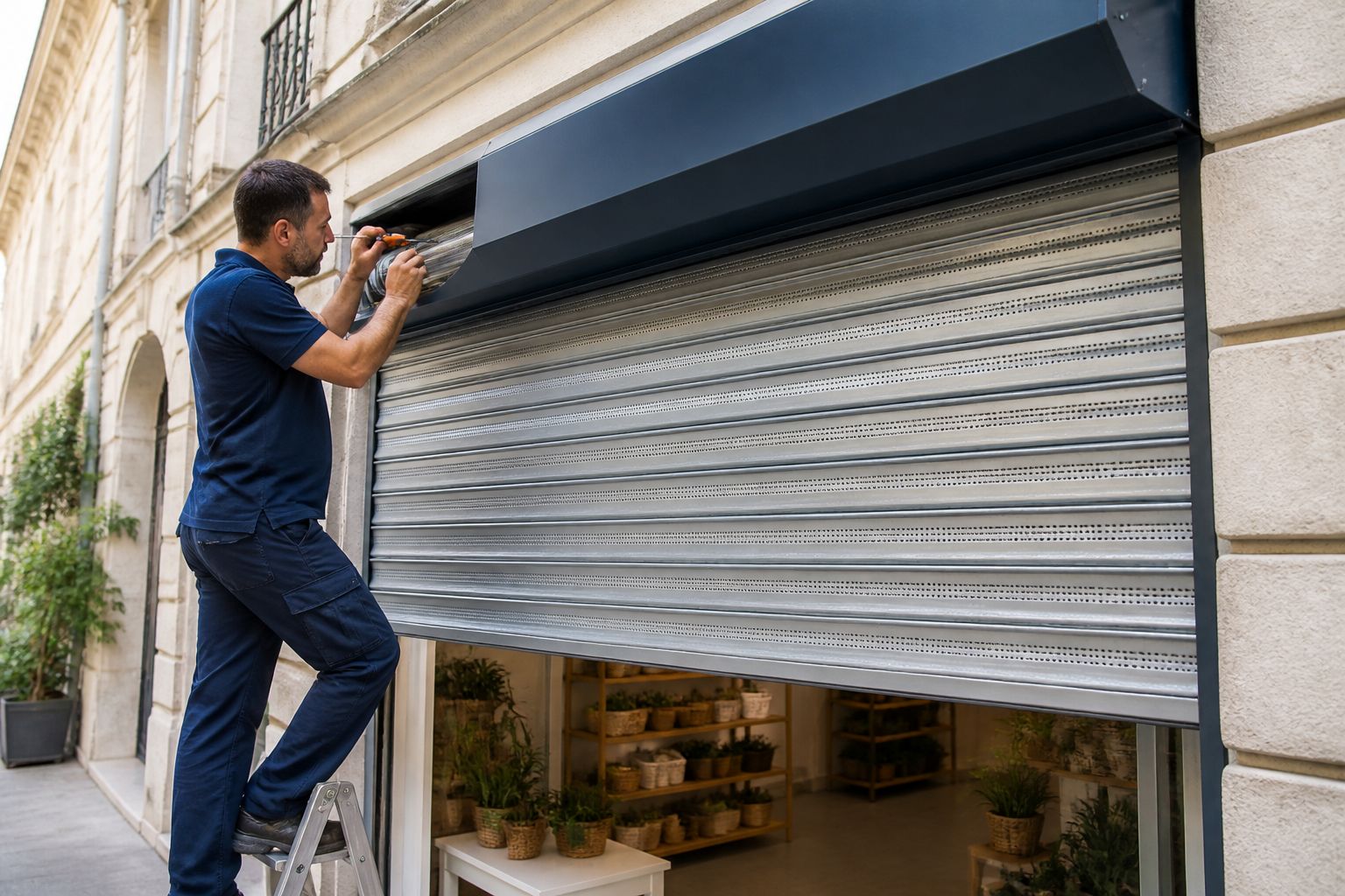 Technicien réglant un rideau métallique